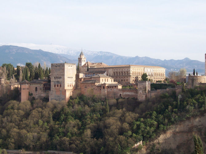 The Alhambra as seen from the San Nicolás lookout, Granada, Spain (March 2005).