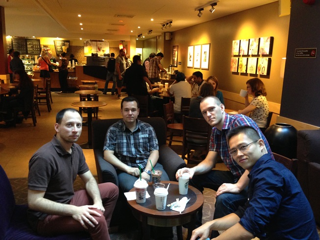 My colleagues at CCSR (UNIS). From left to right: Fernando Reátegui del Águila, myself, Marcin Filo and Wuchen Tang (August 30, 2013, Guildford, Surrey, United Kingdom).